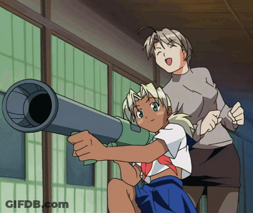 A Girl In A School Uniform Is Holding A Rocket Launcher GIF