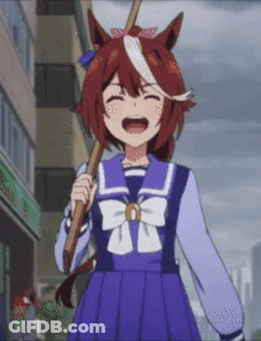 A Girl In A School Uniform Is Holding A Stick And Laughing GIF