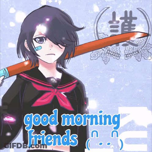 A Girl In A School Uniform Is Holding A Sword And The Words Good Morning Friends Are Below Her GIF