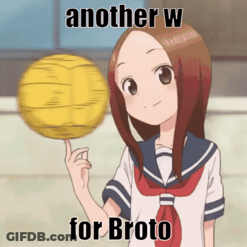 A Girl In A School Uniform Is Holding A Yellow Ball With The Words " Another W For Broto " Above Her GIF