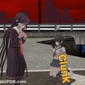 A Girl In A School Uniform Is Kneeling Down Next To A Girl In A School Uniform With The Word Clunk In Yellow Letters GIF
