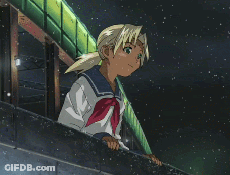 A Girl In A School Uniform Is Leaning On A Railing While Snow Is Falling GIF