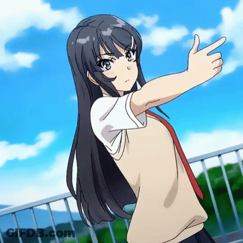 A Girl In A School Uniform Is Pointing At The Sky GIF