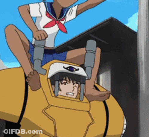 A Girl In A School Uniform Is Riding On The Back Of A Yellow Robot GIF