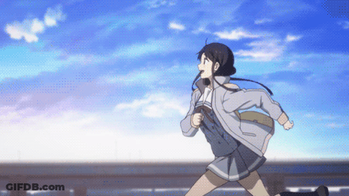 A Girl In A School Uniform Is Running On A Bridge With A Blue Sky In The Background GIF