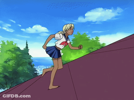 A Girl In A School Uniform Is Running Up A Roof GIF