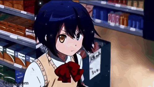 A Girl In A School Uniform Is Standing In A Store With A Sign That Says 100 GIF