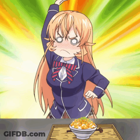 A Girl In A School Uniform Is Standing In Front Of A Bowl Of Rice GIF