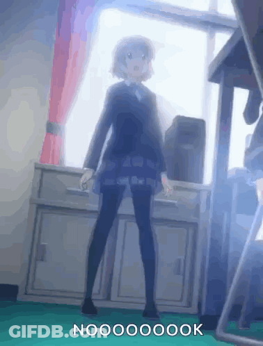 A Girl In A School Uniform Is Standing In Front Of A Window In A Classroom And Says Nooo . GIF