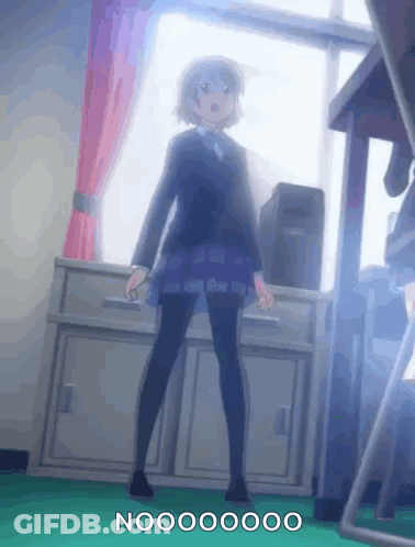 A Girl In A School Uniform Is Standing In Front Of A Window With The Words Nooooooo On The Bottom Right GIF