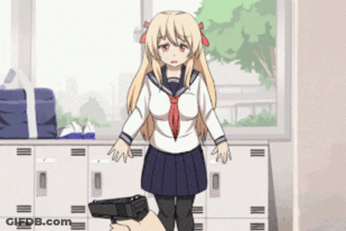 A Girl In A School Uniform Is Standing In Front Of Lockers Holding A Gun GIF