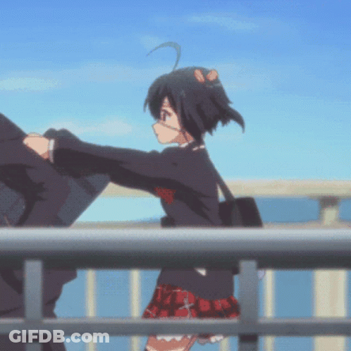A Girl In A School Uniform Is Standing Next To A Man On A Bridge GIF