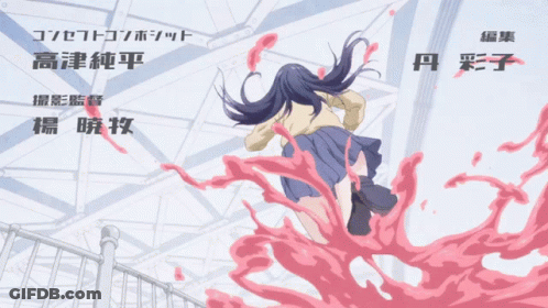 A Girl In A School Uniform Is Surrounded By Pink Liquid With Chinese Writing On It GIF