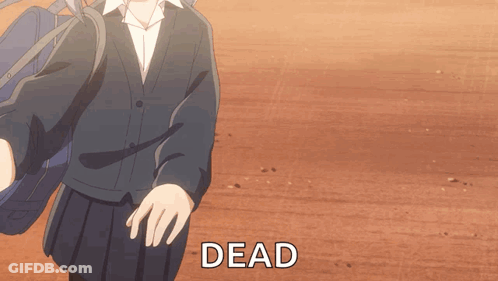 A Girl In A School Uniform Is Walking Down A Dirt Road With The Word Dead Above Her GIF