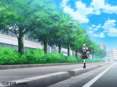 A Girl In A School Uniform Is Walking Down A Street With Trees In The Background GIF