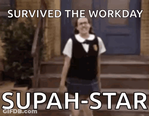 A Girl In A School Uniform Is Walking Down Stairs With The Caption Survived The Workday GIF