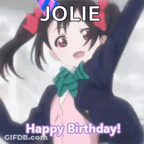A Girl In A School Uniform Is Wearing A Birthday Hat And Holding Her Arms In The Air . GIF