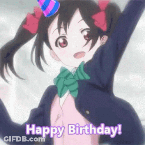 A Girl In A School Uniform Is Wearing A Birthday Hat And Saying `` Happy Birthday ! '' GIF