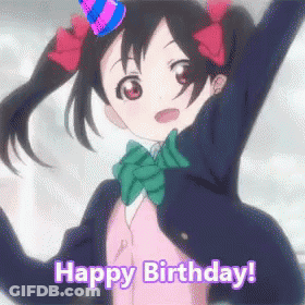 A Girl In A School Uniform Is Wearing A Birthday Hat And Says Happy Birthday . GIF