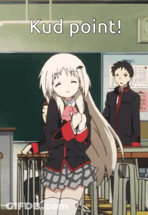 A Girl In A School Uniform Stands In Front Of A Blackboard With The Words " Kud Point " GIF