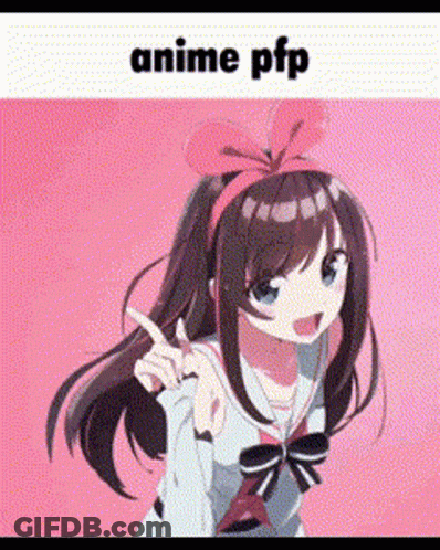 A Girl In A School Uniform With A Pink Bow On Her Head Is Pointing At Something . GIF