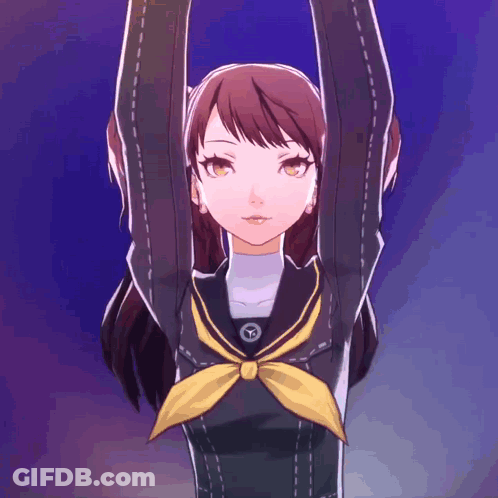 A Girl In A School Uniform With A Yellow Bow Has Her Arms Up GIF