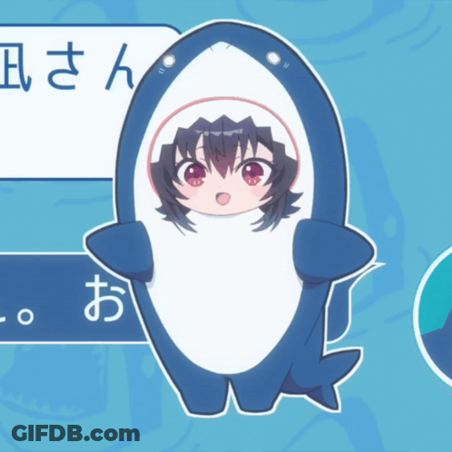 A Girl In A Shark Costume With Chinese Writing On The Bottom GIF