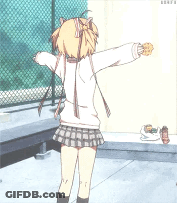 A Girl In A Skirt Is Holding A Cookie With Her Arms Outstretched In Front Of A Fence . GIF