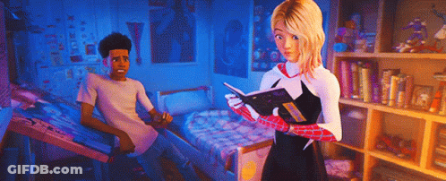 A Girl In A Spiderman Outfit Is Reading A Book To A Boy In A Bedroom GIF