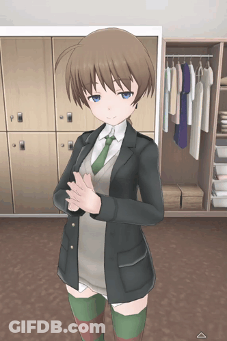 A Girl In A Suit And Tie Stands In A Closet GIF