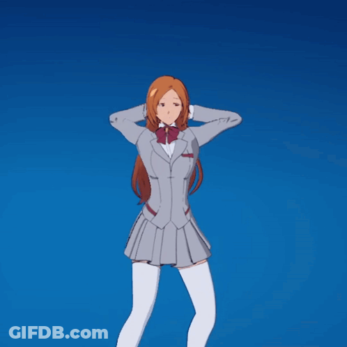 A Girl In A Suit And White Thigh High Socks Is Dancing On A Blue Background GIF