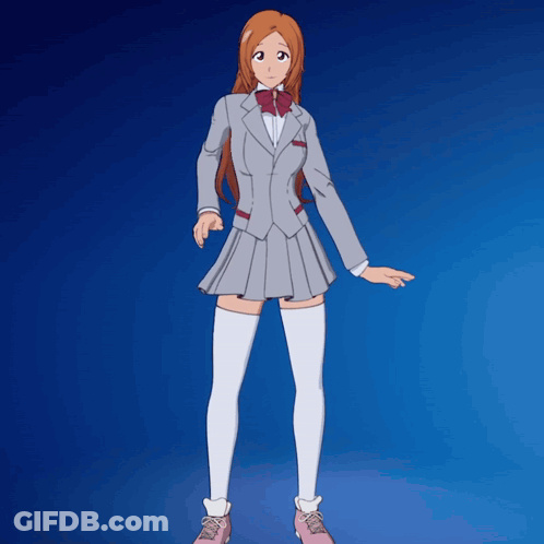 A Girl In A Suit And White Thigh High Socks Stands On A Blue Background GIF