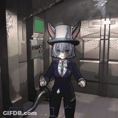 A Girl In A Top Hat Is Standing In A Dark Room GIF