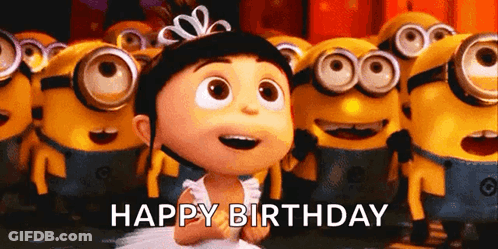 A Girl In A Tutu Is Standing In Front Of A Crowd Of Minions And Says Happy Birthday . GIF