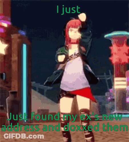 A Girl In A Video Game Is Dancing With The Words I Just Found My Ex 'S New Address And Doxxed Them GIF