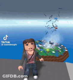 A Girl In A Video Game Is Standing In Front Of A Giant Island In The Ocean . GIF