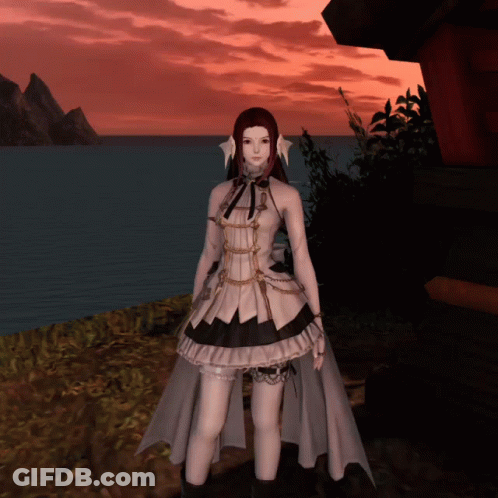 A Girl In A White And Black Dress Stands In Front Of A Body Of Water GIF