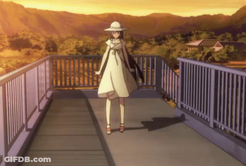 A Girl In A White Dress And Hat Stands On A Bridge GIF