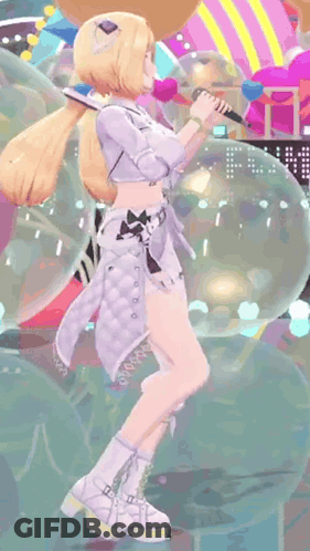 A Girl In A White Dress Is Dancing In Front Of A Bunch Of Balloons . GIF