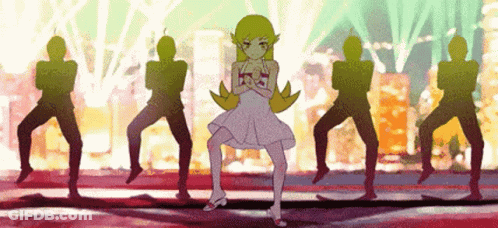 A Girl In A White Dress Is Dancing In Front Of A Group Of Men GIF