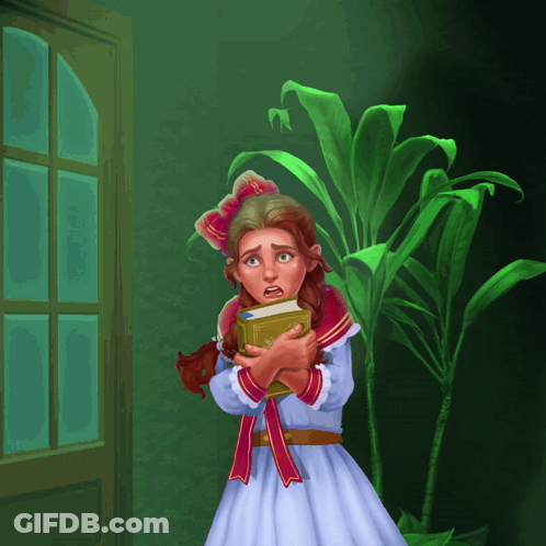 A Girl In A White Dress Is Holding A Book In Front Of A Plant GIF