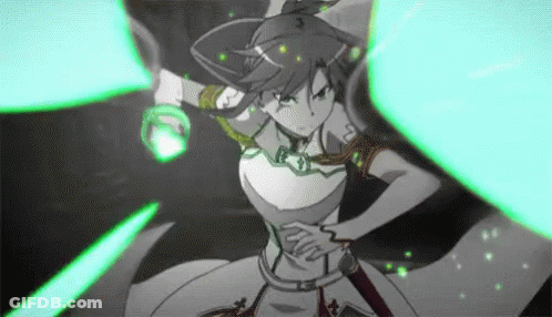 A Girl In A White Dress Is Holding A Green Light Saber In Her Hands . GIF