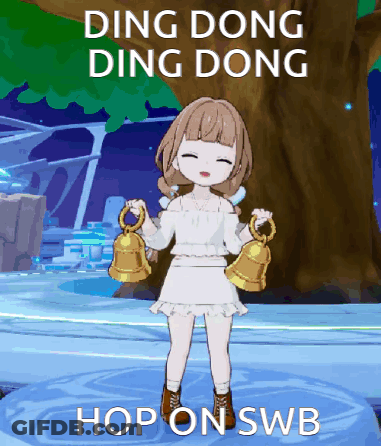 A Girl In A White Dress Is Holding A Pair Of Bells And Says Ding Dong Ding Dong Hop Onswb GIF