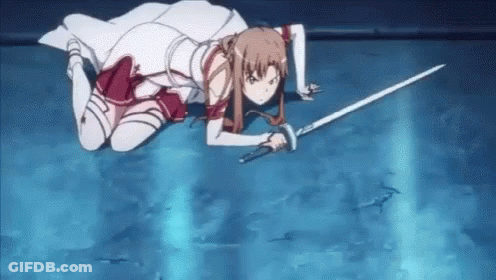 A Girl In A White Dress Is Holding A Sword While Laying On The Ground . GIF
