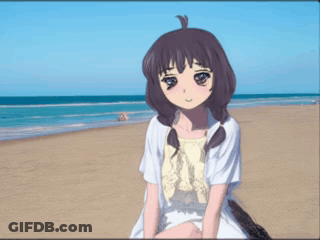 A Girl In A White Dress Is Sitting On A Beach GIF