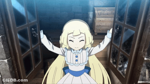A Girl In A White Dress Is Standing In Front Of A Door With Her Arms Outstretched GIF