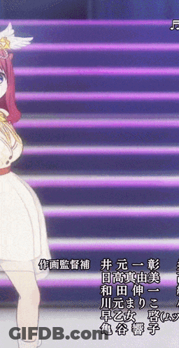 A Girl In A White Dress Is Standing In Front Of Purple Stairs GIF