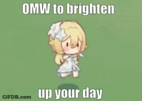 A Girl In A White Dress Is Walking On A Green Field With The Words `` Omw To Brighten Up Your Day '' . GIF