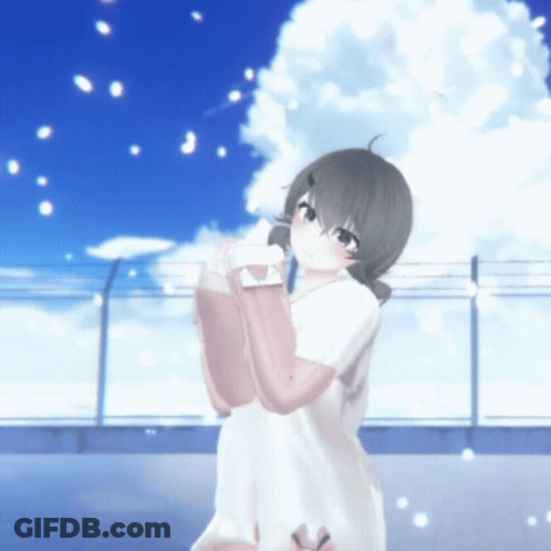 A Girl In A White Dress Stands In Front Of A Blue Sky GIF