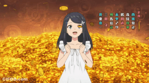 A Girl In A White Dress Stands In Front Of A Pile Of Gold GIF